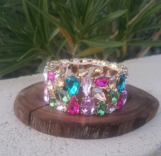 Pastel Multi Color Rhinestone Bracelet, Colorful Prom Dance Bracelet