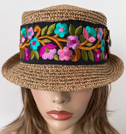 Tan Straw Hat With Embroidered Ribbon & Beaded Appliqué, Women Hat, Church, Summer 23" Up To 24" M/L Ready Ship