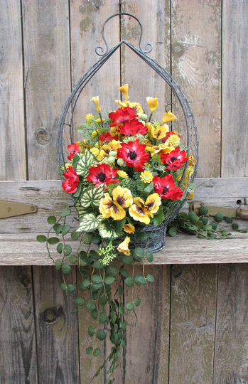 Hanging Wire Basket, Rustic Farmhouse Coffee Table Decor, Unique Artificial Flower Arrangement, Kitchen Centerpiece