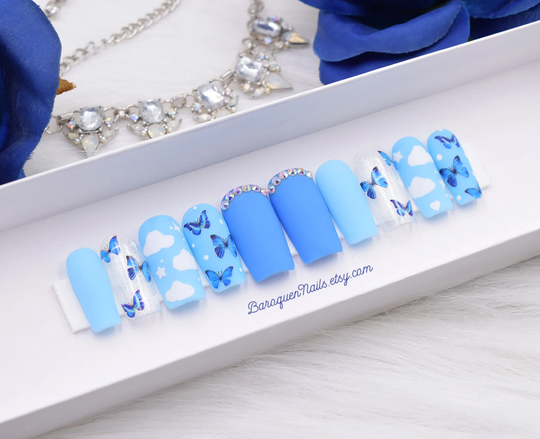 Blue Butterfly Press On Nails White Cloud Pastel Sky Fake Sparkle Glue False Nail Spring Outfit Beautiful Day Flutter