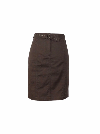 Vintage 00S Y2K Bohemian Utility High Waisted Solid Basic Brown Above-The-Knee Pencil Skirt With Metal Grommet Belt | Size 16 Uk, 12 Us