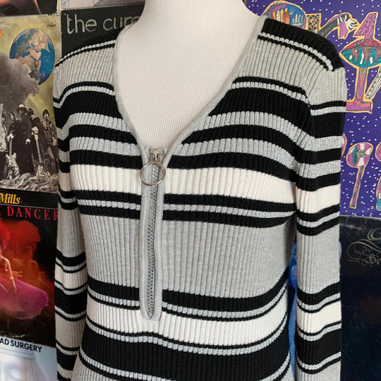 Striped Ribbed Long Sleeve Knit Dress Black Grey & White 90S Y2K Vintage Mod Style Sweater With O Ring Zipper V Neck Bodycon Small