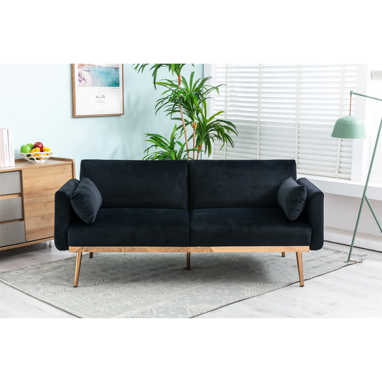 Modern Velvet Convertible Folding Futon Accent Loveseat Sofa with 2 Pillows, Sloped Arms and Rose Golden Meatl leg
