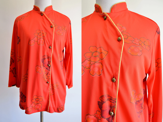 Red Floral Chinese Style Long Sleeve Button Up Vintage 1970S 1980S Mandarin Collar Asian & Gold Blouse Size Medium