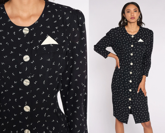 Black Wiggle Dress Puff Sleeve Sheath 80S Midi Confetti Print Button Up Vintage 1980S Power Shoulder Pencil Medium 8