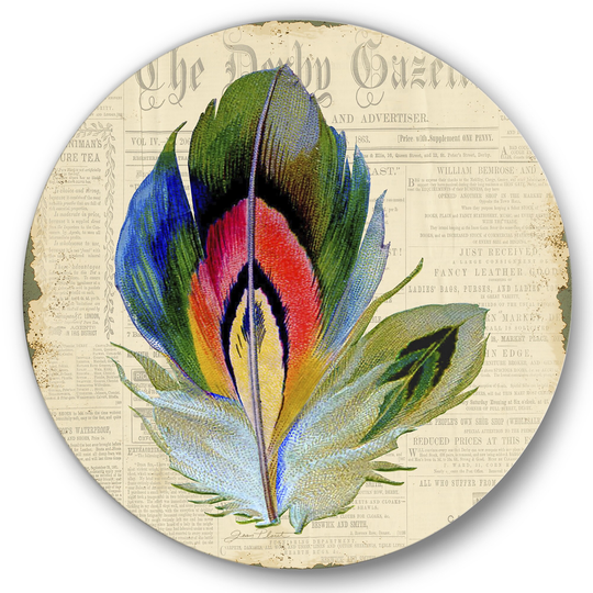 Designart 'Colorful Elegant Feather On Old Style Newspaper II' Cottage Metal Circle Wall Art
