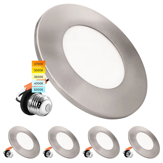 Luxrite 4" LED Recessed Light, 5 Color Selectable, Magnetic Trim, Dimmable, 500 LM, Wet Rated - Nickel 4 Pack