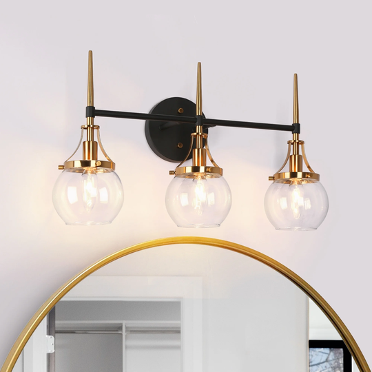 Beta Modern Glam 3-Light Unique Glass Bathroom Vanity Lights Black Gold Wall Sconces