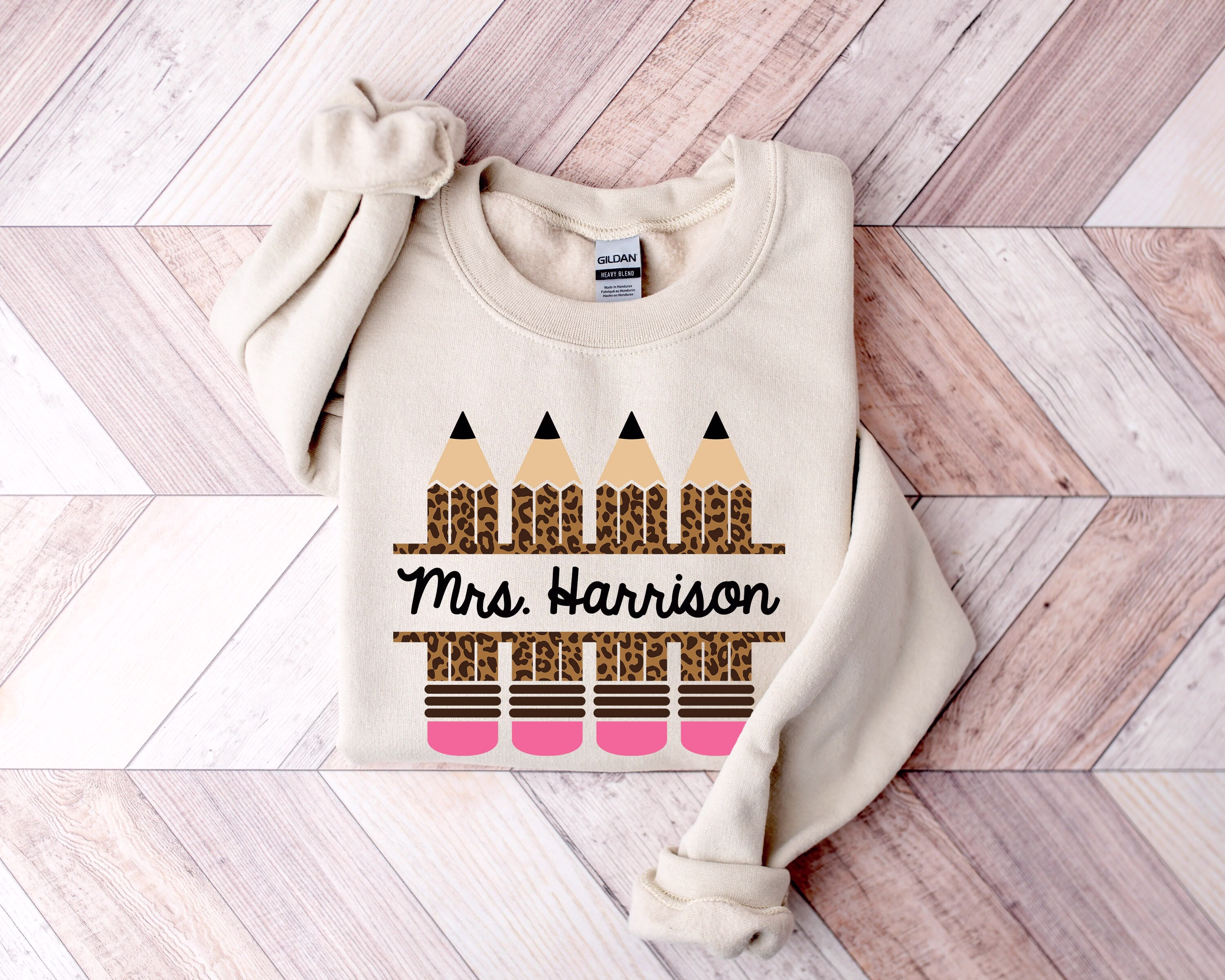 Custom Teacher Sweatshirt With Leopard Print Pencils - Last Name Shirt Personalized Cozy