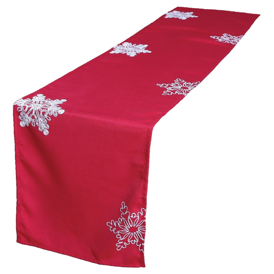 Christmas Red Table Runner Embroidered With White Snowflakes, 15 by 72-Inch - 15 by 72-inch