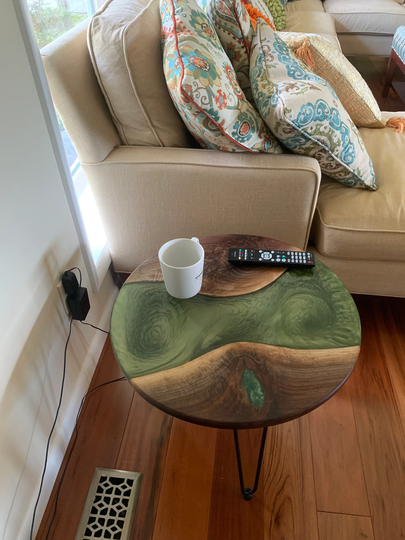 Custom Round Epoxy End Table, Handcrafted Resin Night Stand, Side Wood & Modern Table