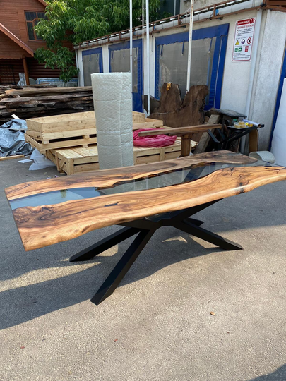 Clear Epoxy, Custom 96" X 40" Walnut Table, Epoxy River Live Edge Dining Order For Ebru