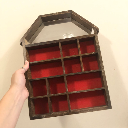 My Collection Mid Century Wooden Shadow Box Storage Organization Space 13 Spaces Inside Wall Knick Knack Shelf With Mirror & Red Felt Back