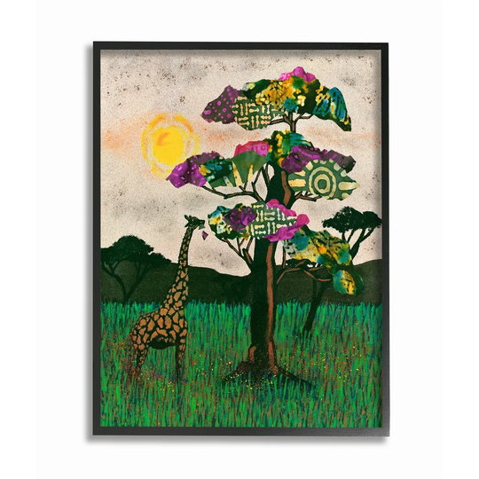 Porch & Den Giraffe with Bright Green Pink and Purple Collaged Trees Framed Art - Multi-Color
