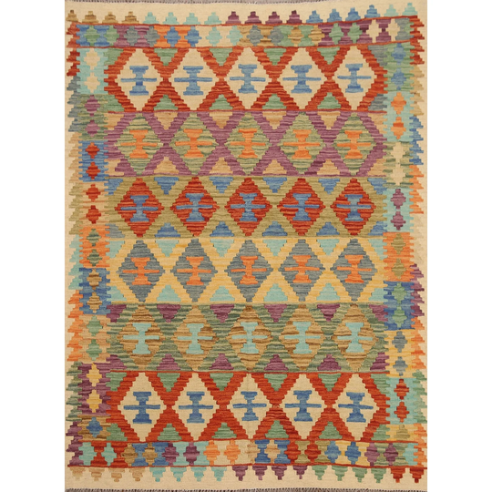 Reversible Multi-Color Kilim Oriental Area Rug Flat-weave Wool Carpet - 4'11"x 6'5"