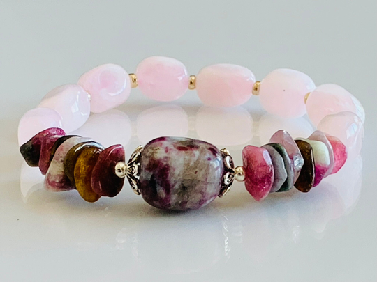Tourmaline & Rose Quartz Bracelet October Birthstone, Natural Madagascar Gemstones, Gemstone Bracelet