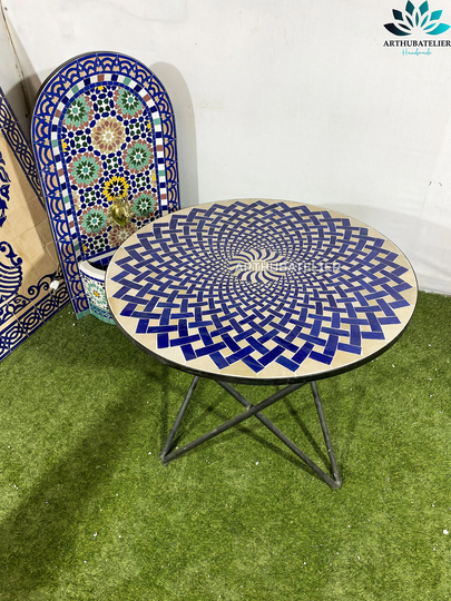 Mosaic Table For Outdoor & Indoor 100% Handmade Made From Mosaic Tiles Blue & Beige, Round Moroccan