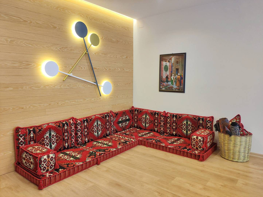 Corner Boho Couch, Large Floor Sofa, Moroccan Style Lounge Seating, Chillout Area Eclectic Arabic Modular Patio Sofa