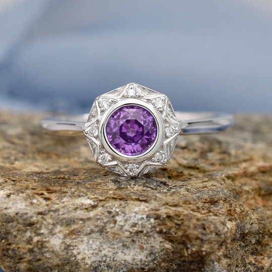 Color Change Sapphire & Diamond Ring in Solid 14K White Gold