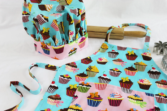 Retro Teal Cupcake Child Apron & Adjustable Chef Hat With Pink Pocket - Ready To Ship