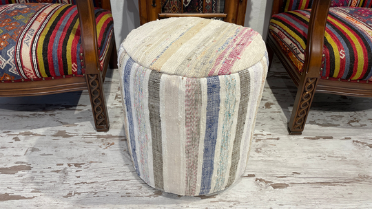 Costal Cotton Handmade White Blue Colorful Pouf Foot Stool Ottoman Boho Modern Decorative Round Chair 18x18 Inches Turkish
