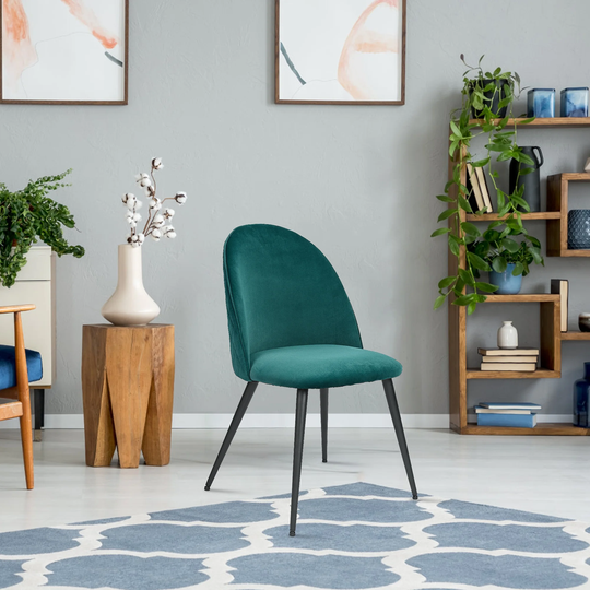 Dining Chair, Green Velvet, Metal Black legs, Set of 2 Side Chairs