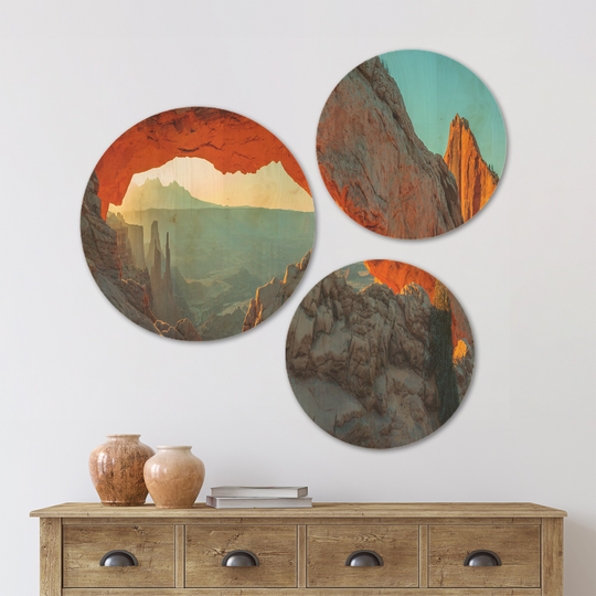 Designart 'Mesa Arch Canyon lands Utah Park' Landscape Wood Wall Art Set of 3 Circles - Multi-Color