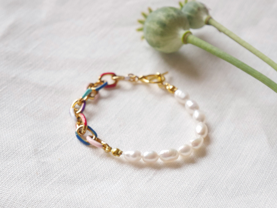 Half Pearl Half Colorful Chain Bracelet | Real Pearls With Chunky Cute Luxurious For Her