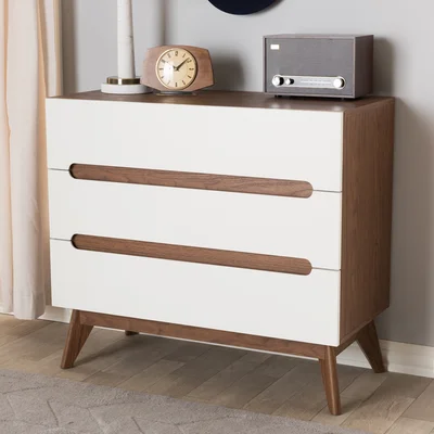 Bolesworth Mid-Century Modern White And Walnut Wood 3-Drawer Storage Chest