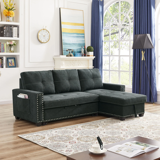 Modern Upholstered L-Shape Reversible Sectional Couch Sleeper Sofa Bedwith Storage Chaise