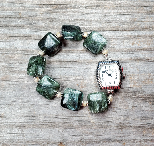 Seraphinite & Mother Of Pearl Beaded Watch Very Durable Stretchy Watch Bracelet