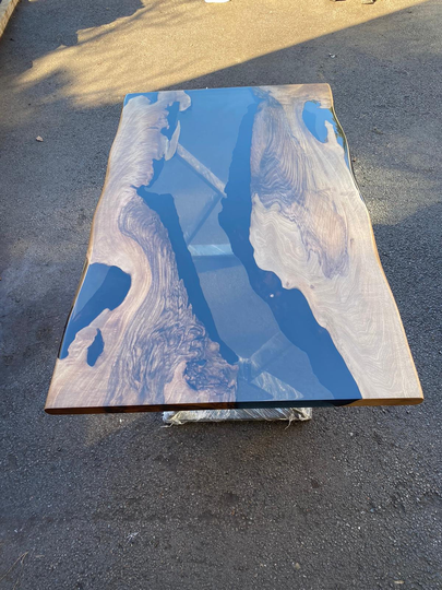 Epoxy Dining Table, Resin Custom 60" X 36" Walnut Smoke Gray River Table With Bench, Order For Vickie