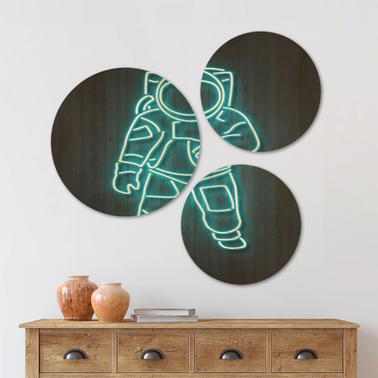 Designart 'Neon Astronaut' Modern & Contemporary Wood Wall Art Set of 3 Circles - Multi-Color
