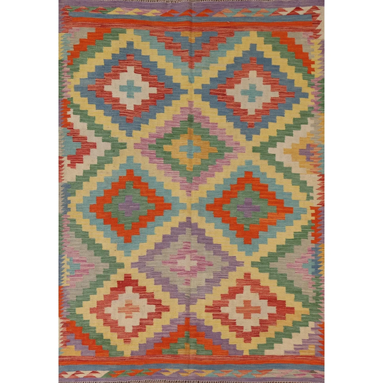 Multi-Color Geometric Kilim Area Rug Flat-weave Reversible Wool Carpet - 5'0"x 6'10"