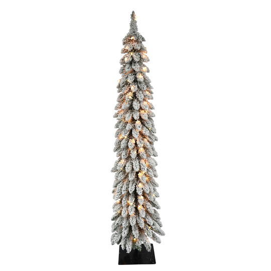 Puleo International Pre-Lit 5' Flocked Pencil Alpine Artificial Christmas Tree with 70 Lights, Green