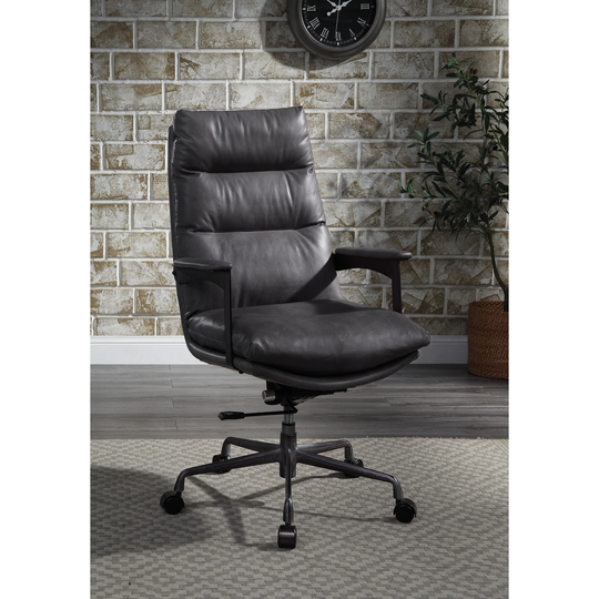 Crursa Swivel Office Chair with Adjustable Height and Wheel in Gray Top Grain Leather