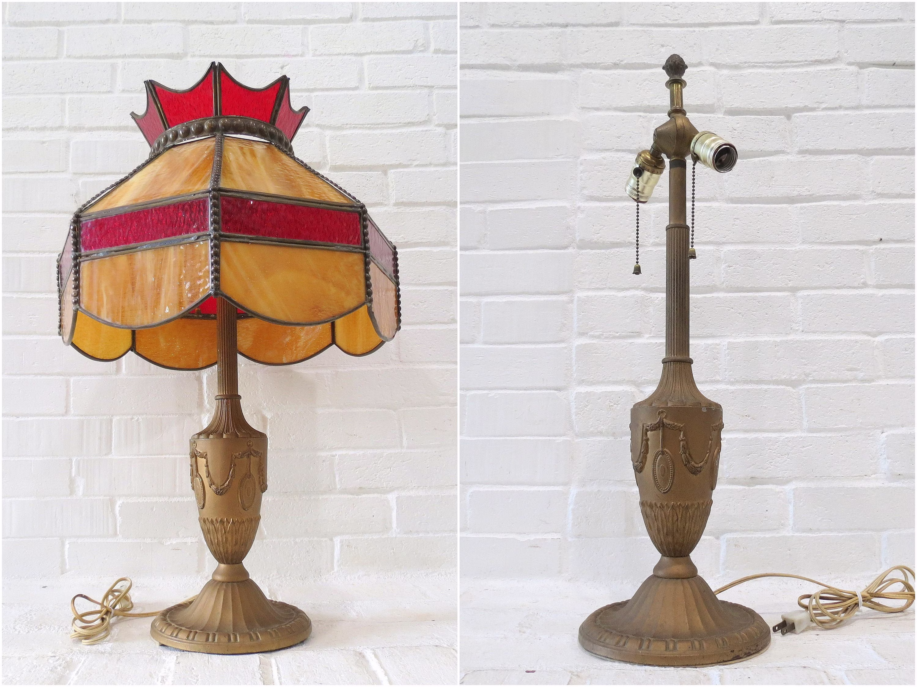 Vintage Cast Metal Table Lamp // Double-Socket Lamp, Antique Art Nouveau Deco For Stained Glass Shade, Only No Shade