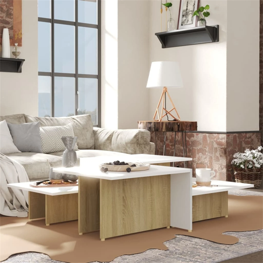 2 PCS Coffee Tables End Tables Chipboard Sonoma Oak and White