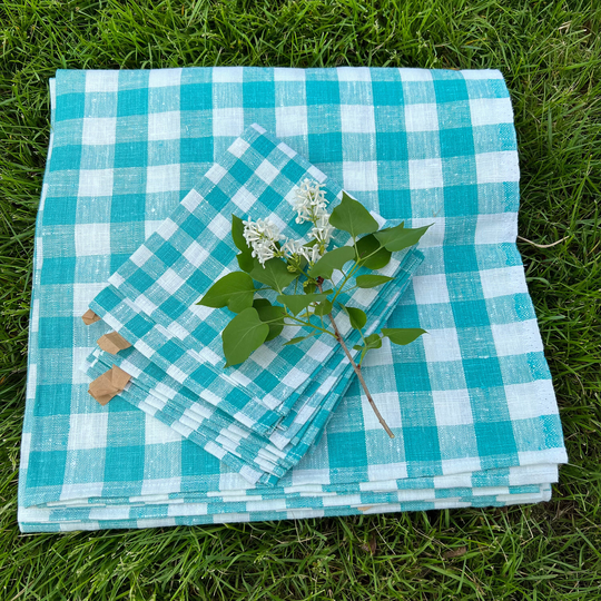 Turquoise & White Checked Table Linens, Nos Vintage Cloth Napkins, Place Settings, Twoswansswimming