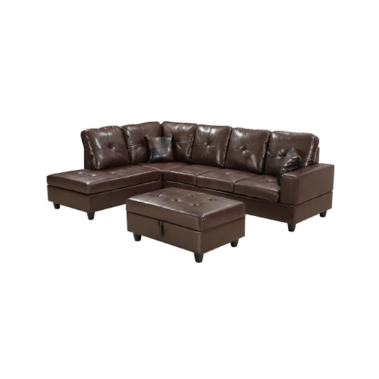 3-piece Sectional Sofa Set, Faux Leather Left/Right Facing Chaise Sofa with Free Storage Ottoman