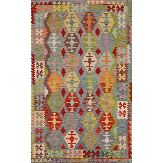 Geometric Kilim Reversible Area Rug Flat-weave Multi-Color Wool Carpet - 6'6"x 9'6"