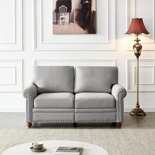 Modern Loveseat Sofa Living Room Sofa, Polyester Thicken Padded Seat Rolled Arms Sofa with Wood Leg & Nailheads Decoration