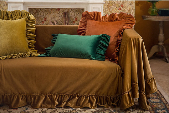 Ruffled Golden Brown Velvet Sofa Slipcover, 100Colors, Custom Made Cover, 2 Seater Cover, Chaise Lounge Cover