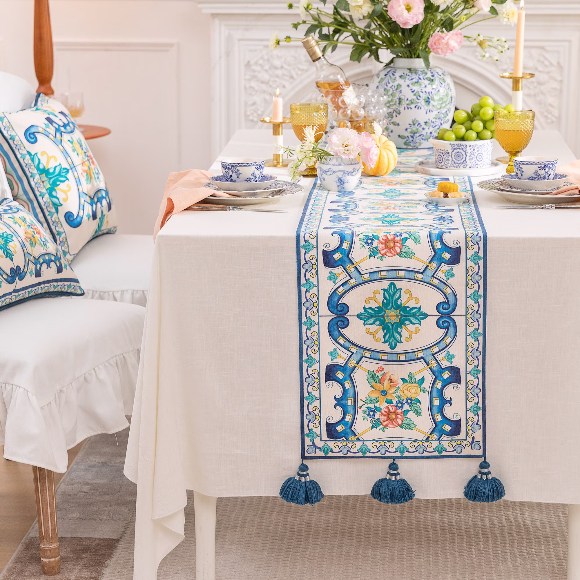 Mediterranean Tile Table Runner, Blue & White Floral Runner As Modern Home Decor, Wedding Valentines Day Decor