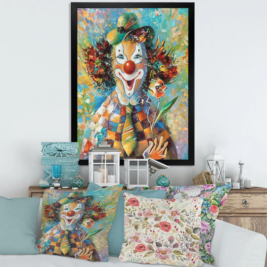Designart 'Colorful Clown With A Flowers' Children's Art Framed Art Print