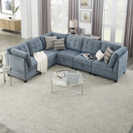 Navy Chenille L Shape DIY Modular Sectional Sofa Three Single Chair