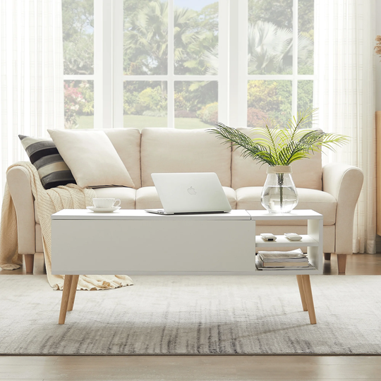 COFFEE TABLE computer table, white color,solid wood legs support, big storage space,Liftable and lowerable table top