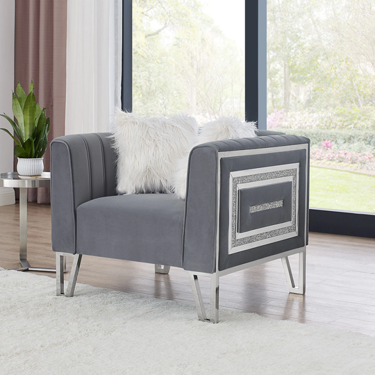 Velvet Sofa Chair Padded Couches with Two White Villose Pillow & Stainless Steel Legs