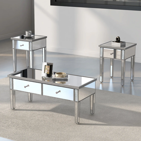 3pcs Modern Glass Mirrored Coffee Table with 2 End Tables