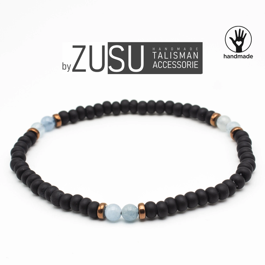 Black Bracelet With Aquamarine Gemstones, Minimal Mens Bracelet, Womens March Birthstone Gift For Him, Christmas